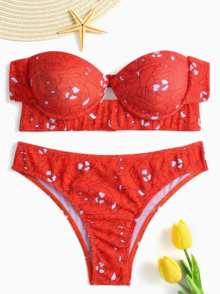 Strapless Off The Shoulder Floral Print Bodycon Hem Red Bikini Set