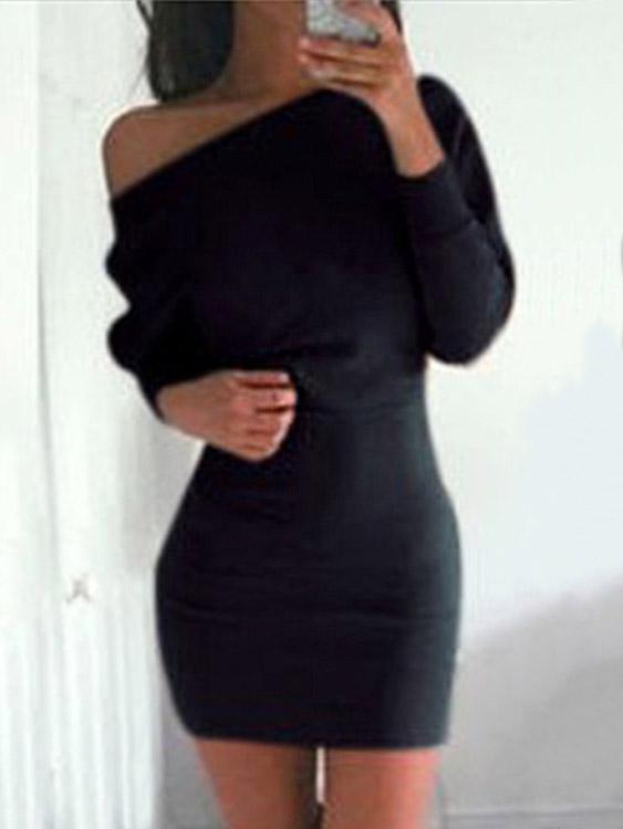 Asymmetrical One Shoulder Long Sleeve Plain Bodycon Mini Dresses