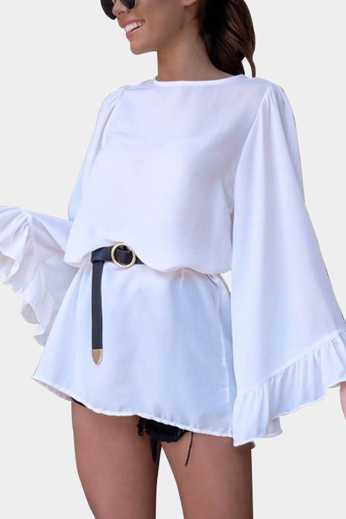 White Round Neck Long Sleeve Plain Mini Dress