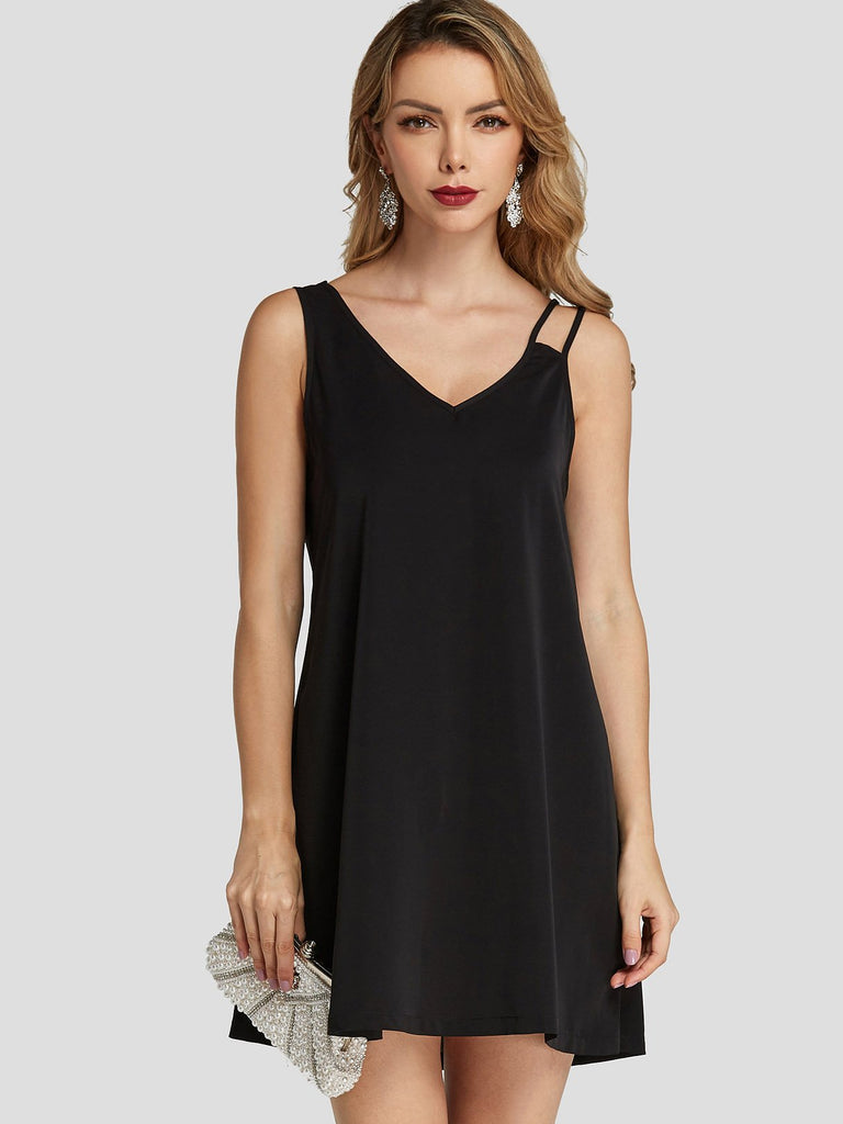 Black V-Neck Asymmetrical Sleeveless Plain Spaghetti Strap Dresses