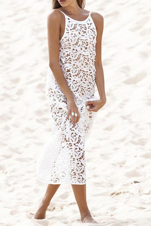 White Round Neck Sleeveless Lace Backless Hollow See Through Maxi Dresses