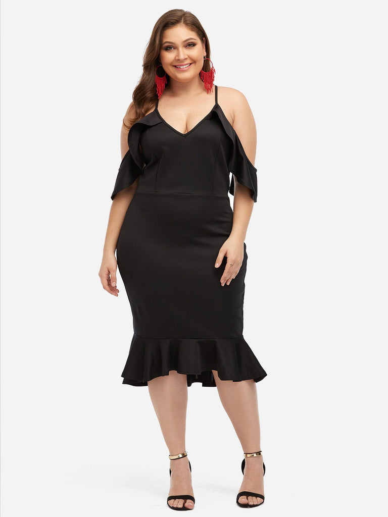 V-Neck Plain Half Sleeve Flounced Hem Black Plus Size Dresses