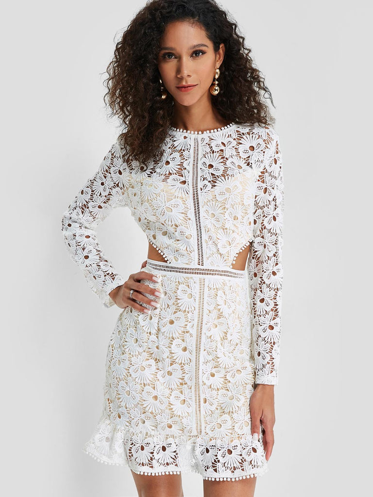White Round Neck Long Sleeve Plain Lace Zip Back Cut Out See Through Irregular Hem Casual Dresses