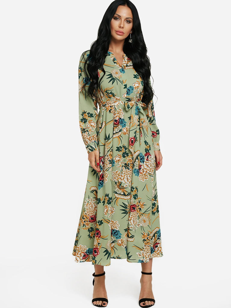 V-Neck Long Sleeve Floral Print Self-Tie Maxi Dress