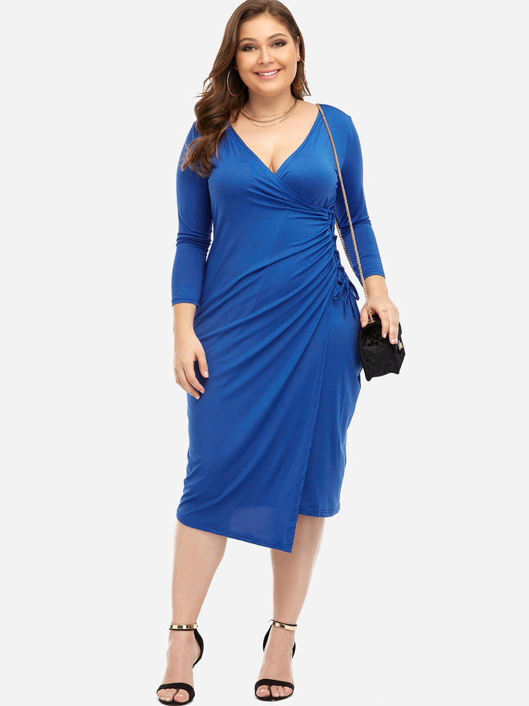 V-Neck Plain Lace-Up Long Sleeve Irregular Hem Plus Size Dresses