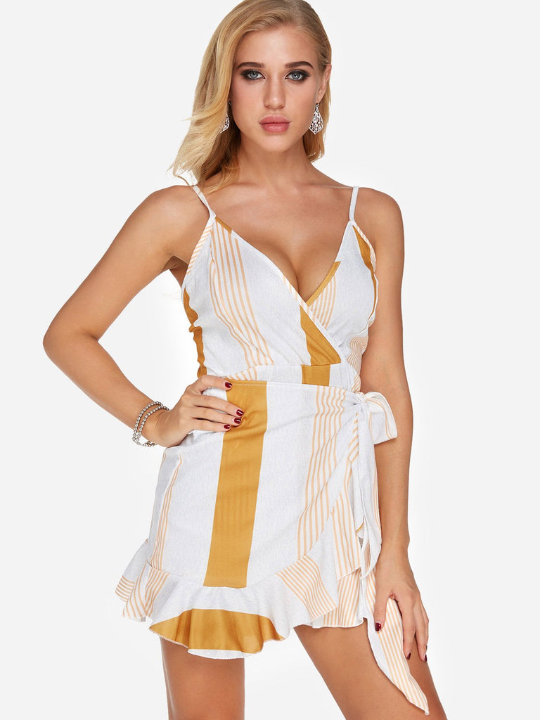 Yellow V-Neck Sleeveless Stripe Floral Print Zip Back Spaghetti Strap Self-Tie Flounced Hem Dresses