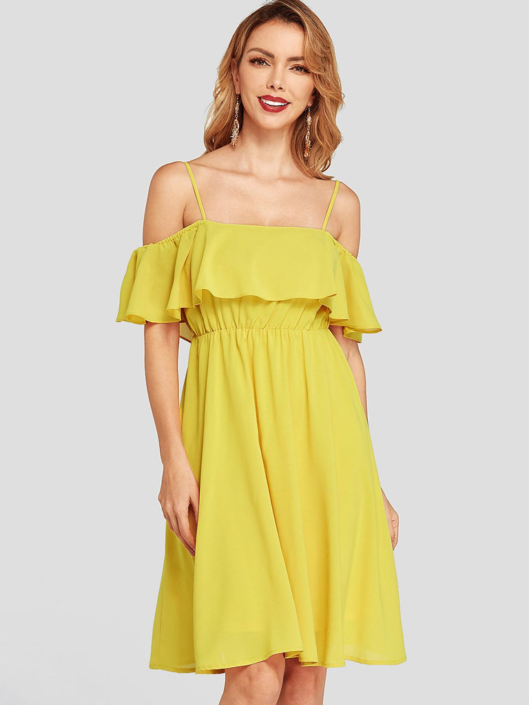Yellow Cold Shoulder Backless High-Waisted Casual Dress