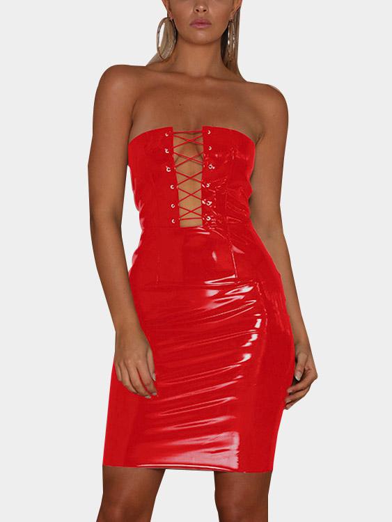 Red Off The Shoulder Sleeveless Zip Back Backless Lace-Up Mini Dress