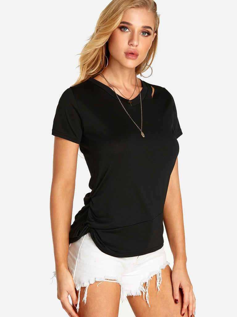 V-Neck Plain Cut Out Pleated Short Sleeve Black T-Shirts