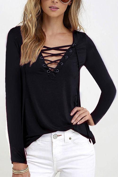 Casual V-Neck Lace-Up Design Long Sleeves T-Shirts