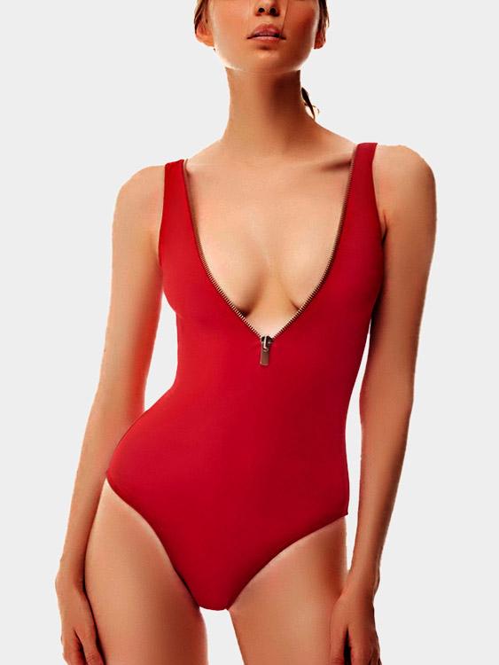 Red Deep V Neck Sleeveless Zip Back One-Pieces Swimsuits
