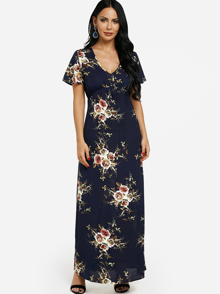 Royal V-Neck Short Sleeve Floral Print Flounced Hem Maxi Dress