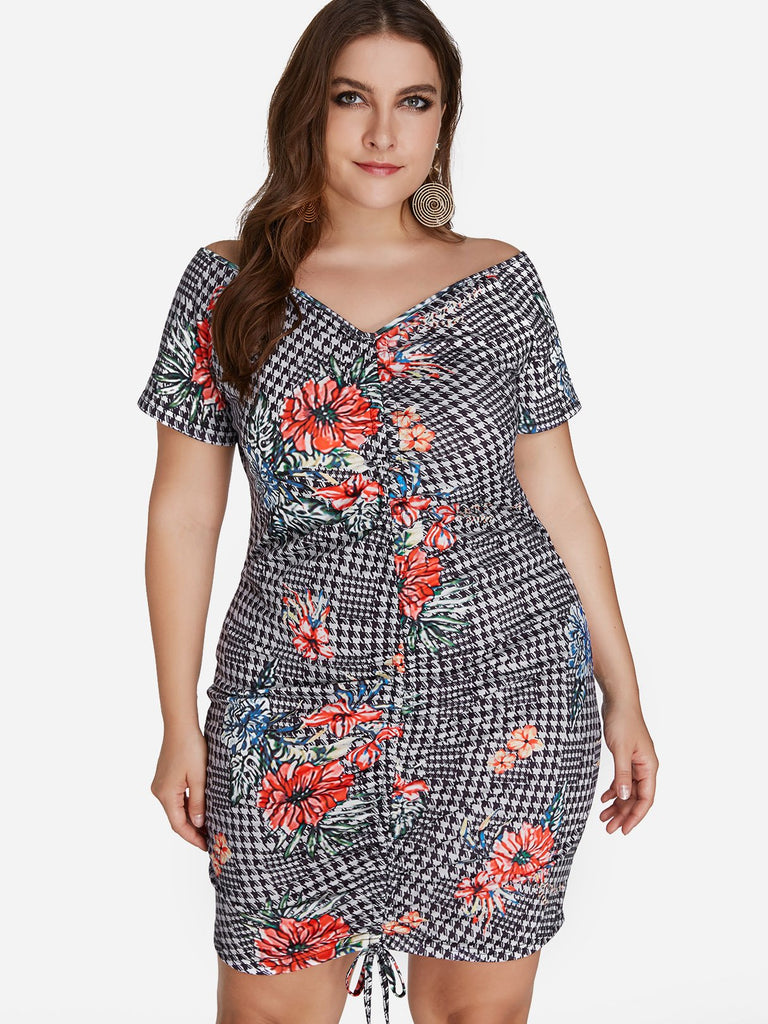 V-Neck Floral Print Self-Tie Short Sleeve Plus Size Dress