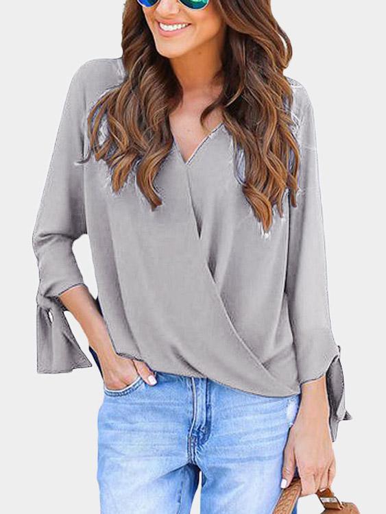 V-Neck Crossed Front Lace-Up Long Sleeve Grey T-Shirts
