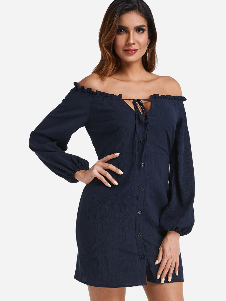 Navy Off The Shoulder Long Sleeve Lace-Up Cut Out Mini Dress