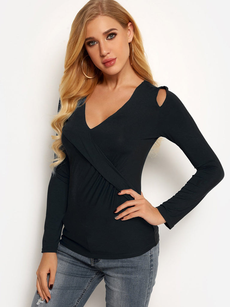 V-Neck Plain Crossed Front Cut Out Pleated Long Sleeve Black Top