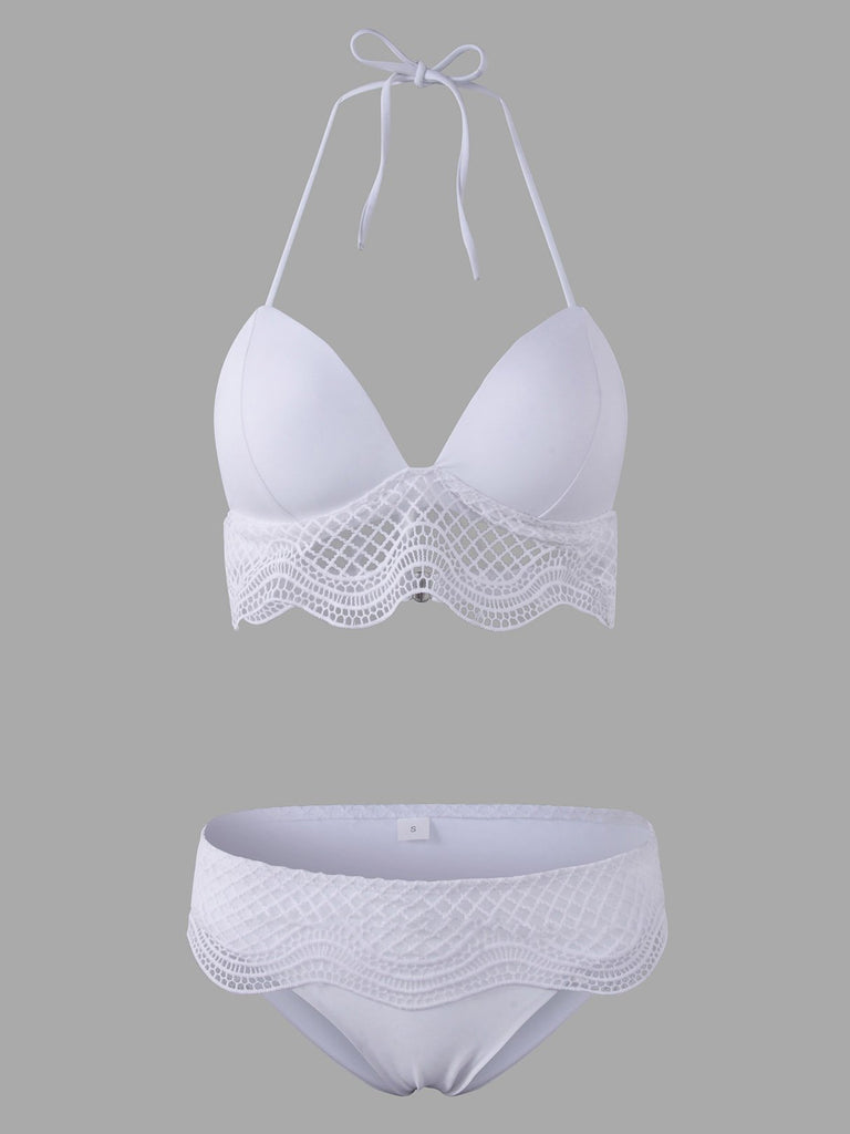 White Lace-Up Halter Sleeveless Lace Wireless Bikinis