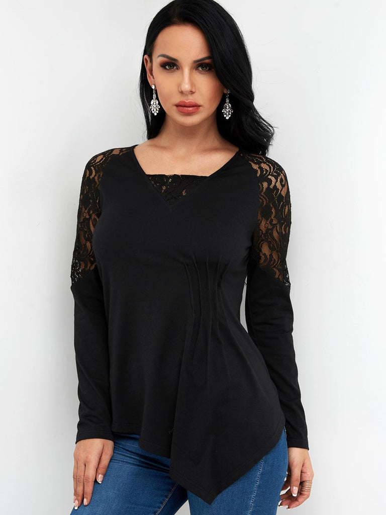 V-Neck Lace Long Sleeve Irregular Hem Black T-Shirts