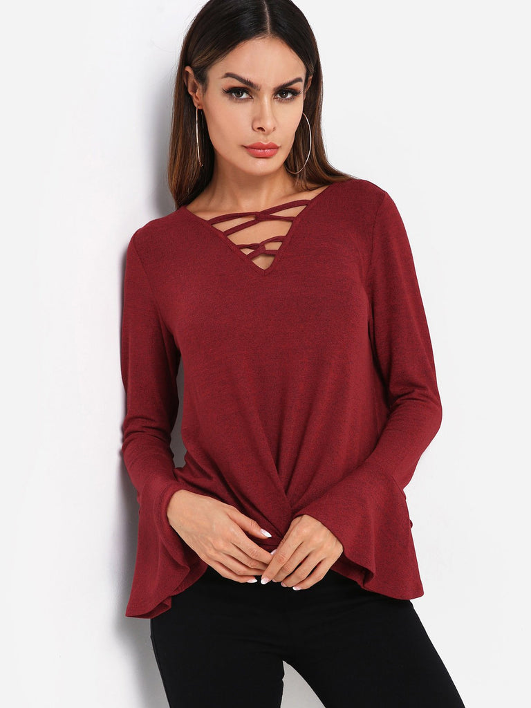 V-Neck Plain Lace-Up Long Sleeve Irregular Hem Burgundy T-Shirts