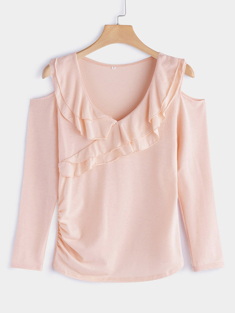 Cold Shoulder Deep V Neck Plain Crossed Front Tiered Cut Out Pleated Long Sleeve Pink T-Shirts