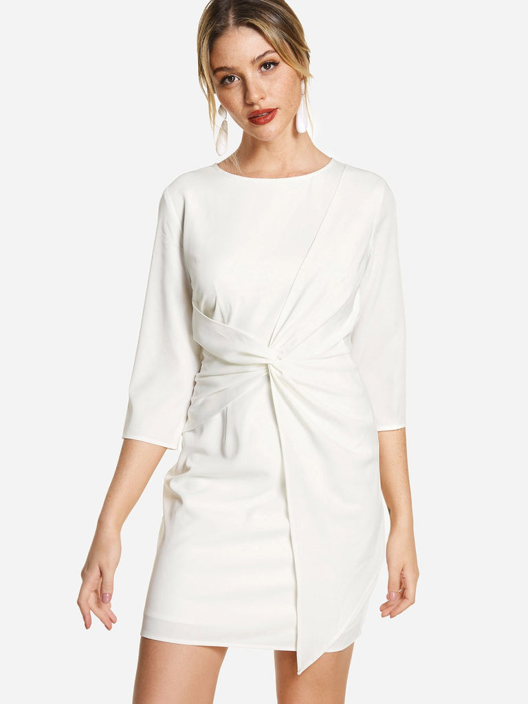 White Round Neck 3/4 Sleeve Length Plain Zip Back Casual Dresses
