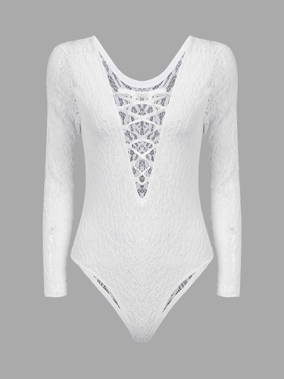 White V-Neck Long Sleeve Lace One-Pieces Swimsuits