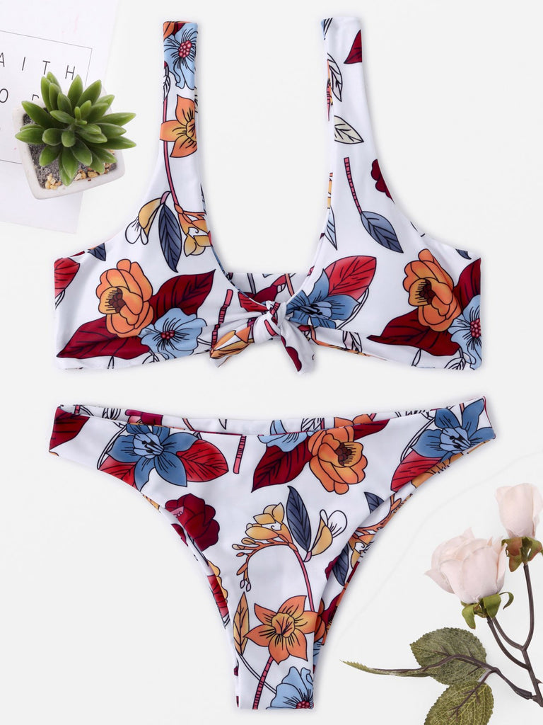 White Sleeveless Floral Print Self-Tie Bikini Set Swimwear