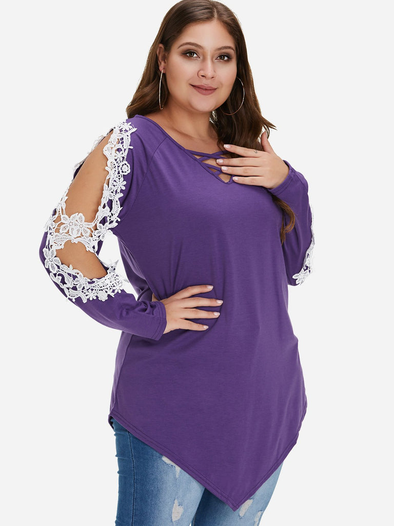 V-Neck Plain Lace Cut Out Criss-Cross Long Sleeve Curved Hem Purple Plus Size Tops