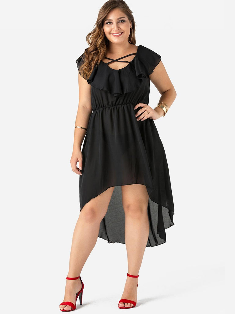 V-Neck Plain Cut Out Short Sleeve Irregular Hem Black Plus Size Dresses