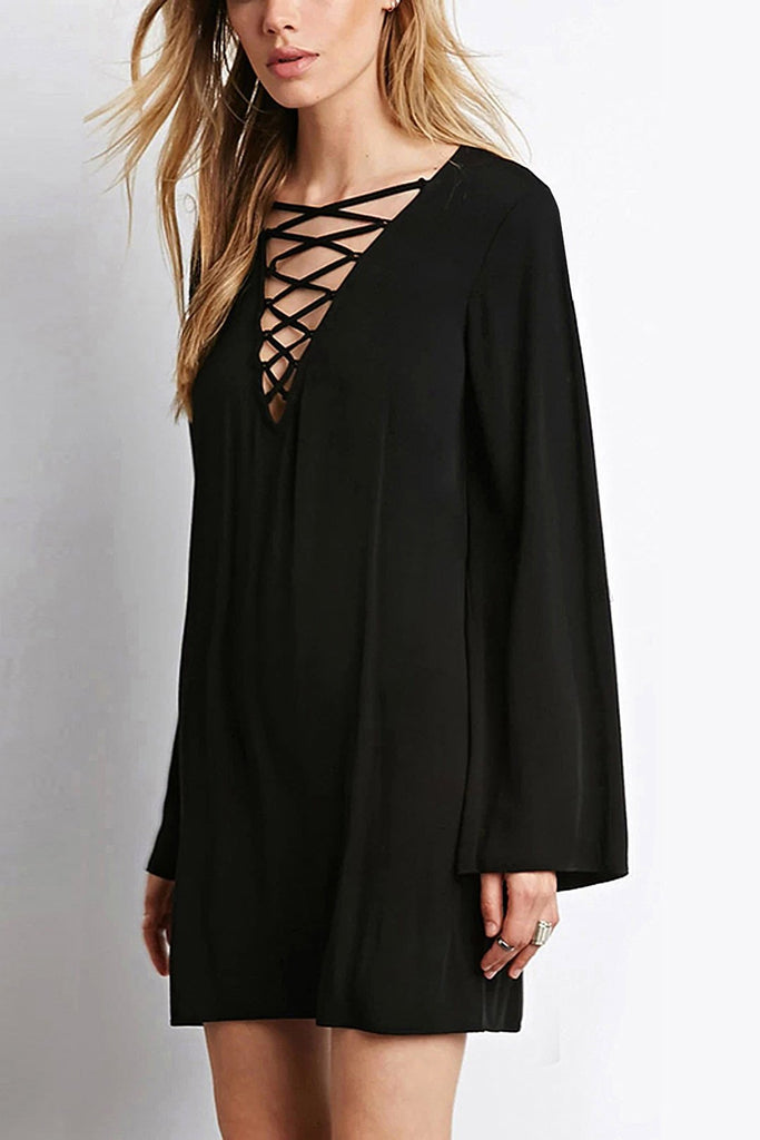 V-Neck Long Sleeve Black Casual Dresses