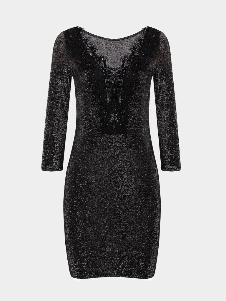 V-Neck Lace 3/4 Length Sleeve Black Casual Dresses