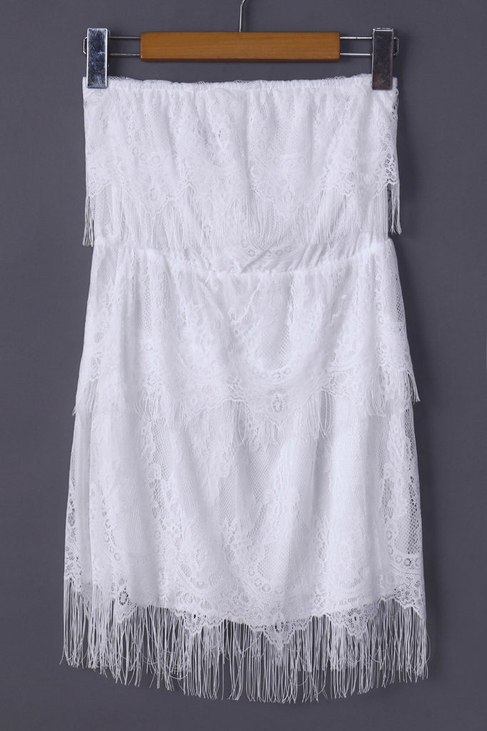 White Strapless Off The Shoulder Sleeveless Lace Mini Dresses