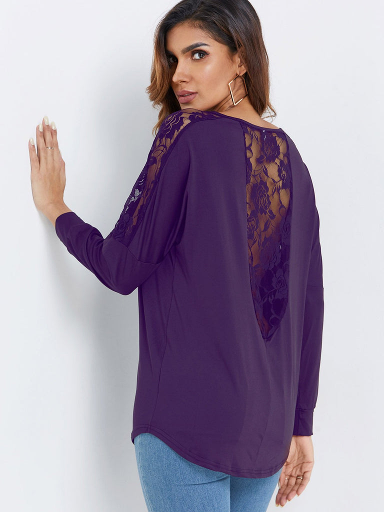 Scoop Neck Plain Lace Long Sleeve Purple T-Shirts
