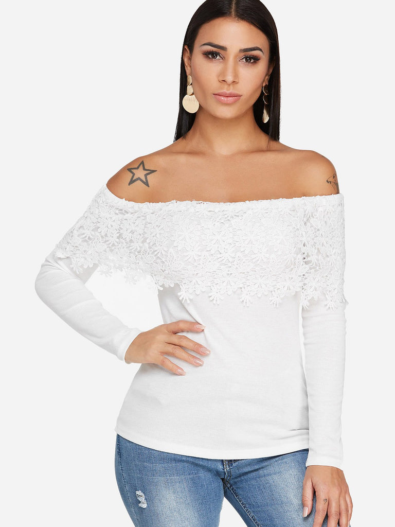 Off The Shoulder Plain Lace Long Sleeve White T-Shirts