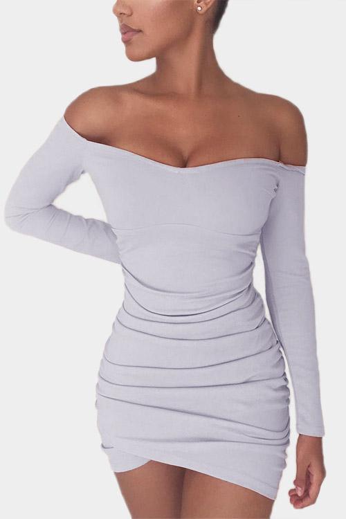 Grey Off The Shoulder Long Sleeve Pleated Bodycon Dresses