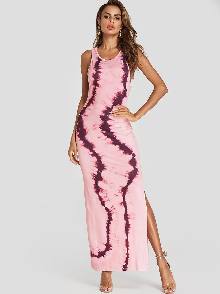 Pink Scoop Neck Sleeveless Floral Print Slit Hem Maxi Dresses