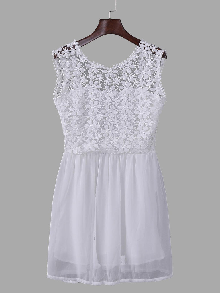 White Round Neck Sleeveless Crochet Lace Embellished Backless Mini Dress