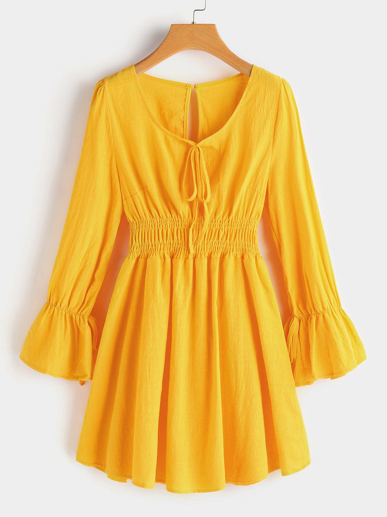 Scoop Neck Plain Cut Out Pleated Self-Tie Long Sleeve Ruffle Hem Yellow Casual Dresses