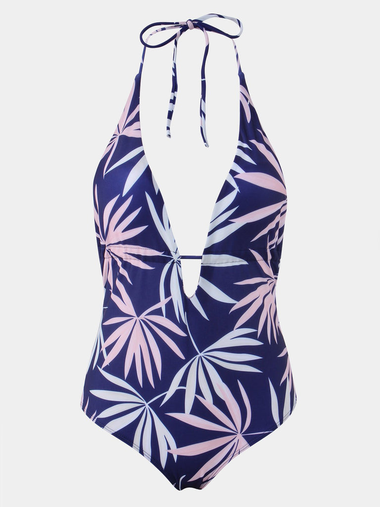 Blue Halter Deep V Neck Sleeveless Printed One-Pieces Swimwears