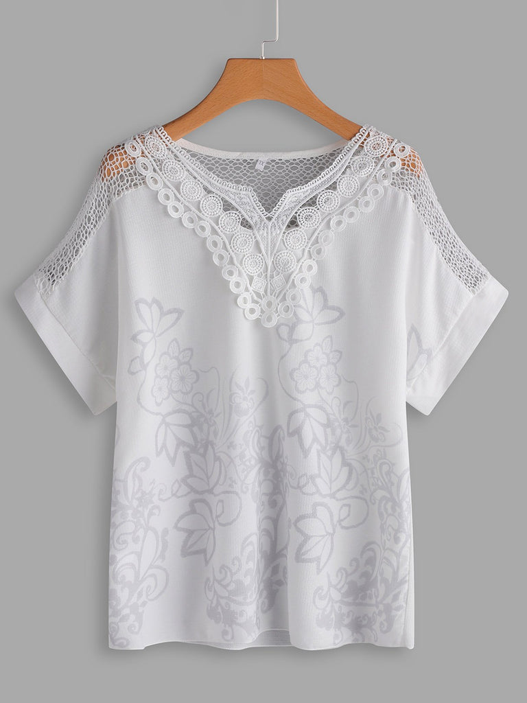 V-Neck Floral Print Lace Short Sleeve Plus Size Tops