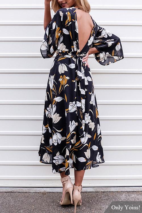 V-Neck 3/4 Sleeve Length Floral Print Backless Lace-Up Maxi Dress