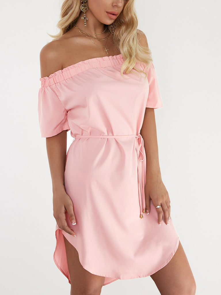 Pink Off The Shoulder Short Sleeve Plain Belt Curved Hem Mini Dress
