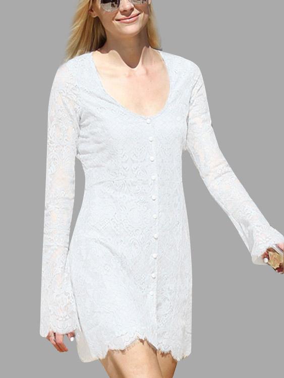 White Scoop Neck Long Sleeve Plain High Waist Mini Dress