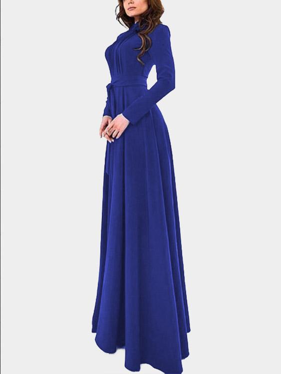 Royal Chimney Collar Long Sleeve Plain Maxi Dress