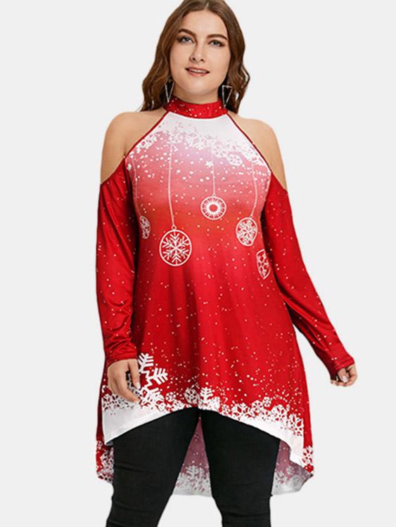 Crew Neck Cold Shoulder Printed Cut Out Long Sleeve High-Low Hem Red Plus Size Tops