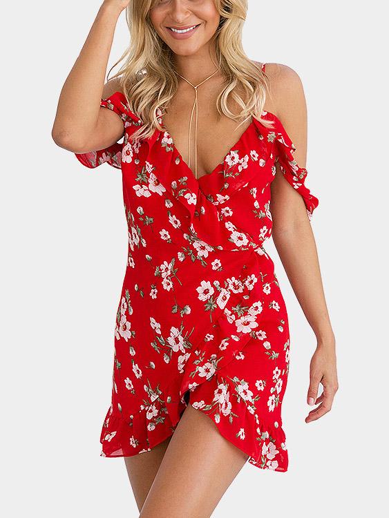 Red Short Sleeve Floral Print Lace-Up Wrap Mini Dress