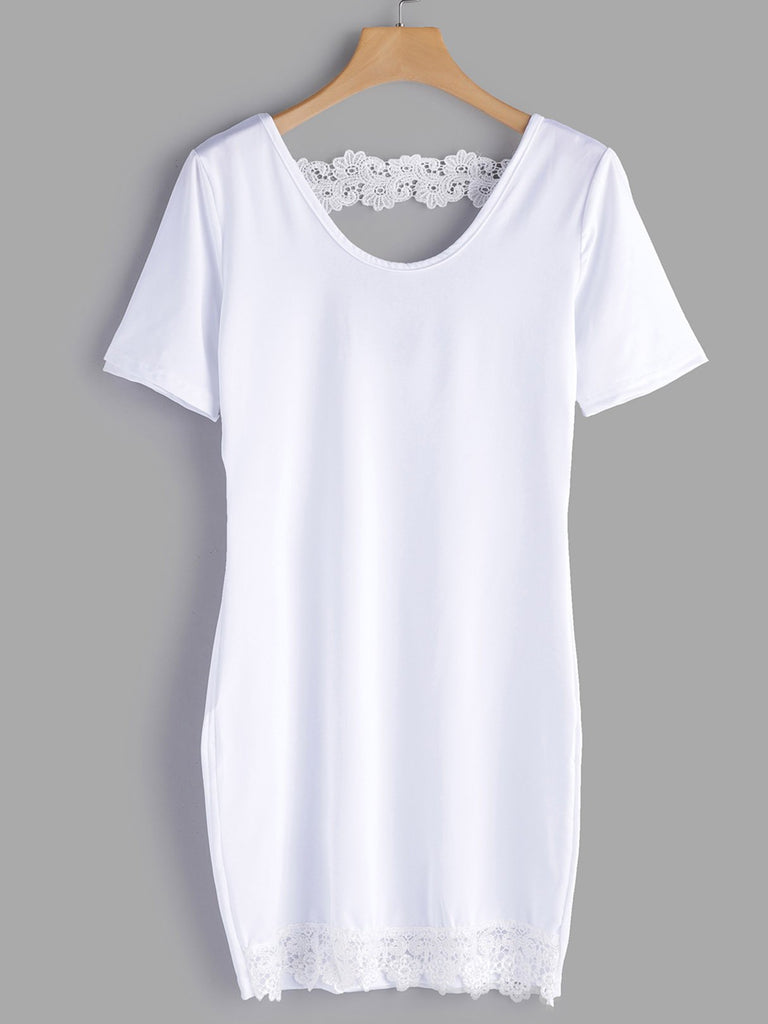 White V-Neck Short Sleeve Plain Lace Backless Stitching Hem Mini Dress