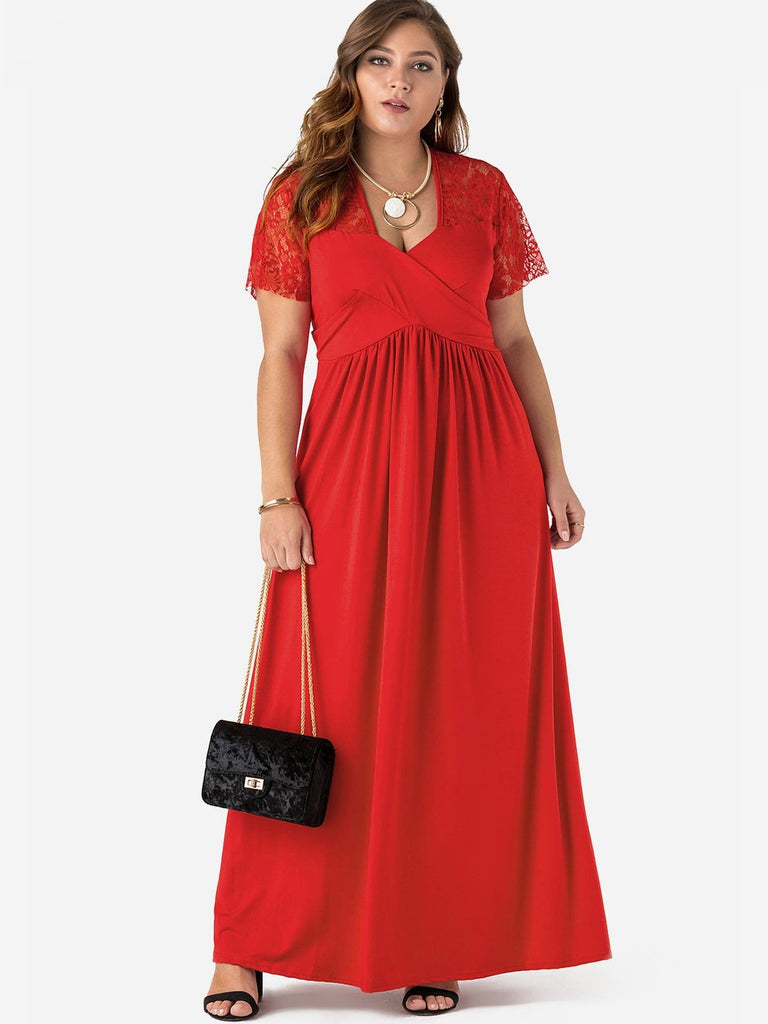 V-Neck Lace Crossed Front Pleated Short Sleeve Plus Size Maxi Dress