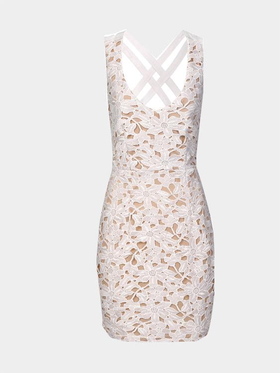 White V-Neck Sleeveless Lace Mini Dress