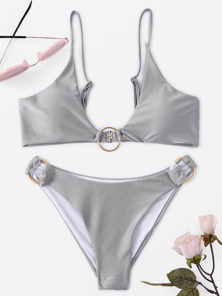 Silver Sleeveless Metallic Buckle Bikini Set Swimwear